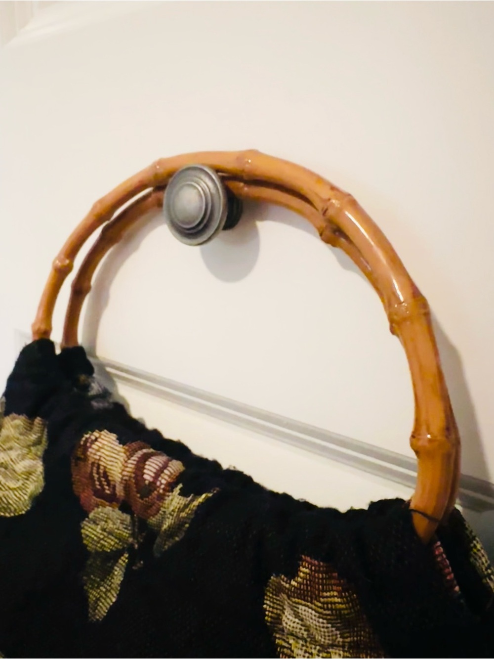Fruit Tapestry Handbag Bamboo Handles Apples Grapes Cottagecore - Picture 3 of 6
